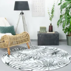 Boho Teppich Rund - Palmier Blätter Grau