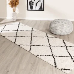 Hochflor Läufer - Grand Lines Creme Schwarz