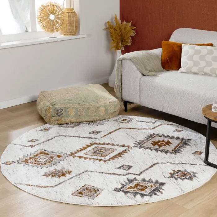 Hochflor Teppich Rund - Blend Aztec Creme Bunt