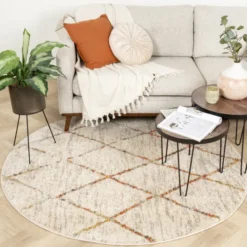Hochflor Teppich Rund - Blend Lines Creme Bunt