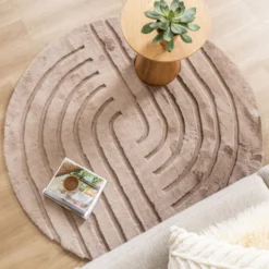 Hochflor Teppich Rund - Carvy Curves Taupe