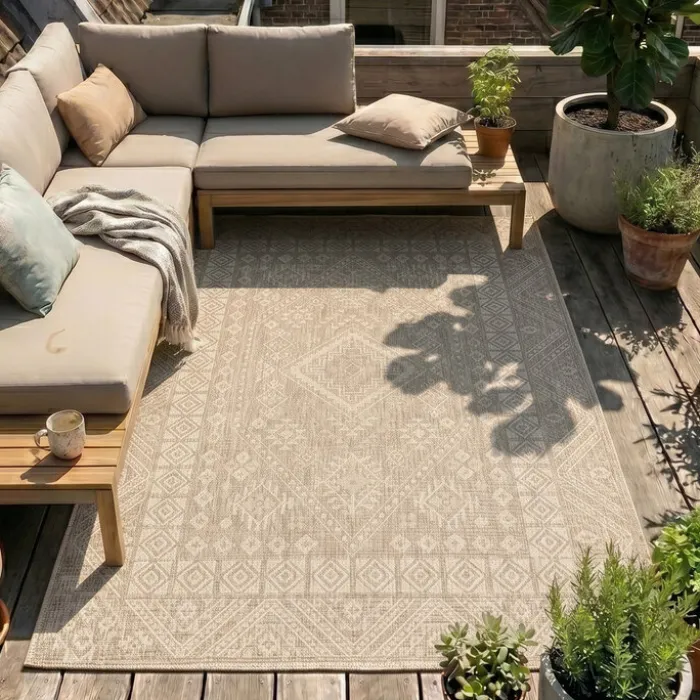 In- & Outdoor Jute Teppich - Atlas Aztec Braun Creme