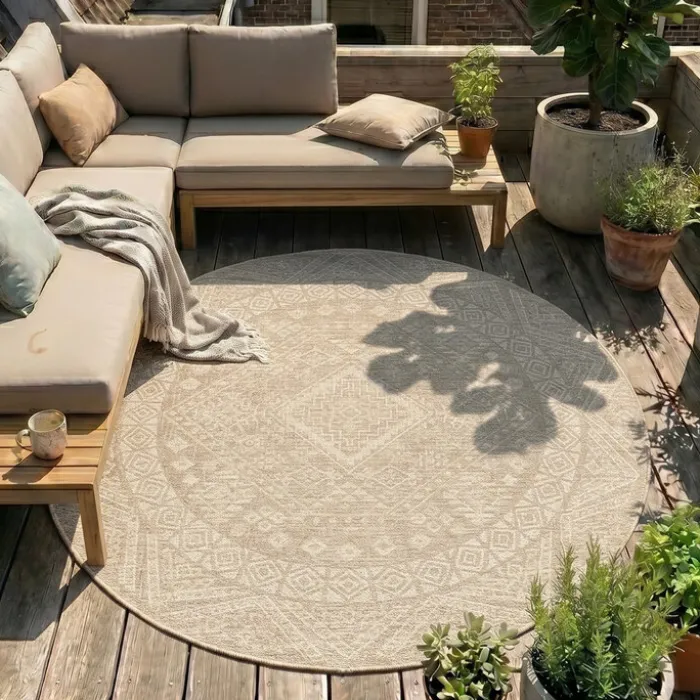 In- & Outdoor Jute Teppich Rund - Atlas Aztec Braun Creme
