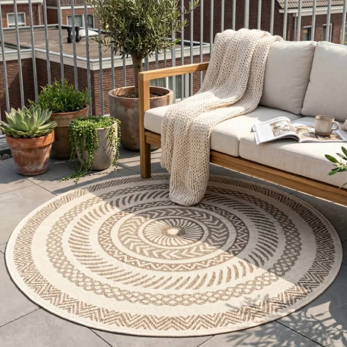 In- & Outdoor Jute Teppich Rund - Nomad Aztec Creme