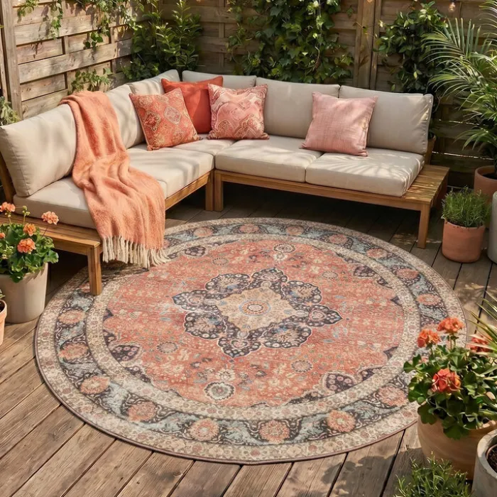 In- & Outdoor Teppich Rund - Kairo Medaillon Terra Dunkelblau