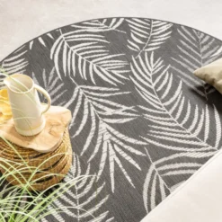 In- & Outdoor Teppich Rund - Malta Leaves Schwarz