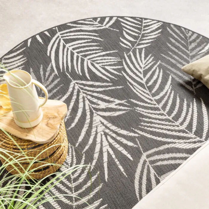 In- & Outdoor Teppich Rund - Malta Leaves Schwarz