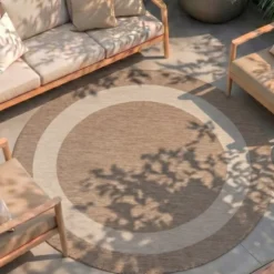 In- & Outdoor Teppich Rund - Sierra Border Beige Creme