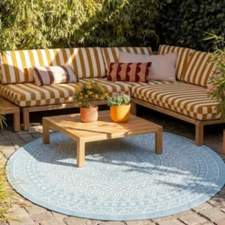 In- & Outdoor Teppich Rund - Summer Azteca Hellblau