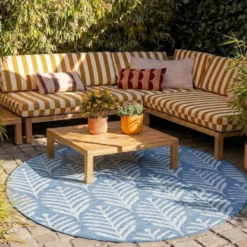 In- & Outdoor Teppich Rund - Summer Leaves Blau