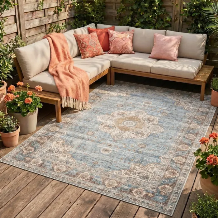 In- & Outdoor Teppich Vintage - Kairo Medaillon Hellblau Creme
