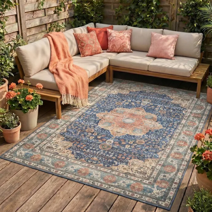 In- & Outdoor Teppich Vintage - Kairo Medaillon Dunkelblau Terra