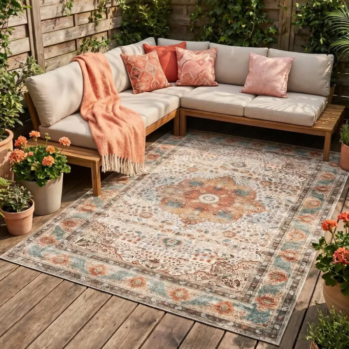 In- & Outdoor Teppich Vintage - Kairo Medaillon Creme Bunt