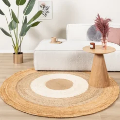 Jute Teppich Rund - Mirai Border Weiss Natur