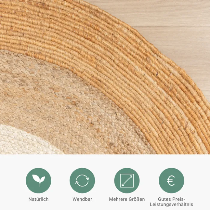 Jute Teppich Rund - Mirai Border Weiss Natur