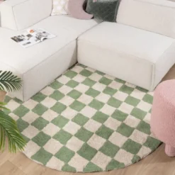 Rund Retro Teppich - Gambit Grün Weiß