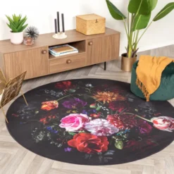 Teppich Floral Rund - Florine Schwarz Rosa