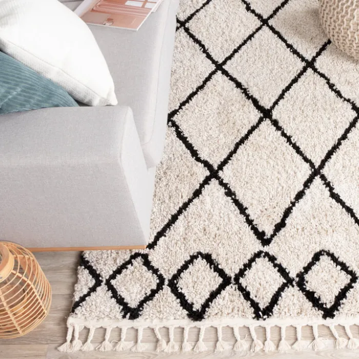 Teppich Hochflor - Grand Diamond Weave Creme Schwarz