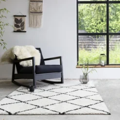 Teppich Hochflor Quadrat - Grand Lines Creme Schwarz