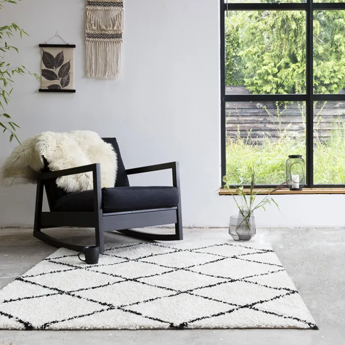 Teppich Hochflor Quadrat - Grand Lines Creme Schwarz