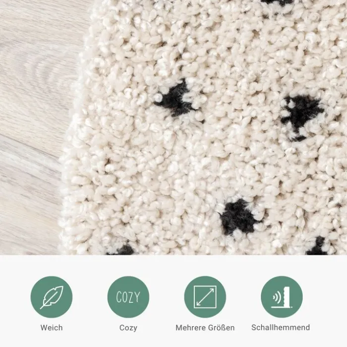 Teppich Hochflor Rund - Grand Dots Creme Schwarz
