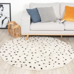 Teppich Hochflor Rund - Grand Dots Creme Schwarz
