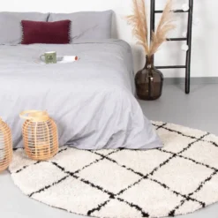 Teppich Hochflor Rund - Grand Lines Creme Schwarz