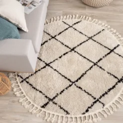 Teppich Hochflor Rund - Grand Lines Weave Creme Schwarz