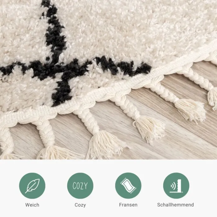 Teppich Hochflor Rund - Grand Lines Weave Creme Schwarz