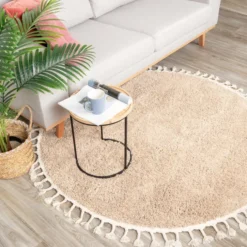 Teppich Hochflor Rund - Lofty Fringe Beige