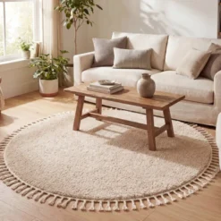 Teppich Hochflor Rund - Lofty Fringe Beige