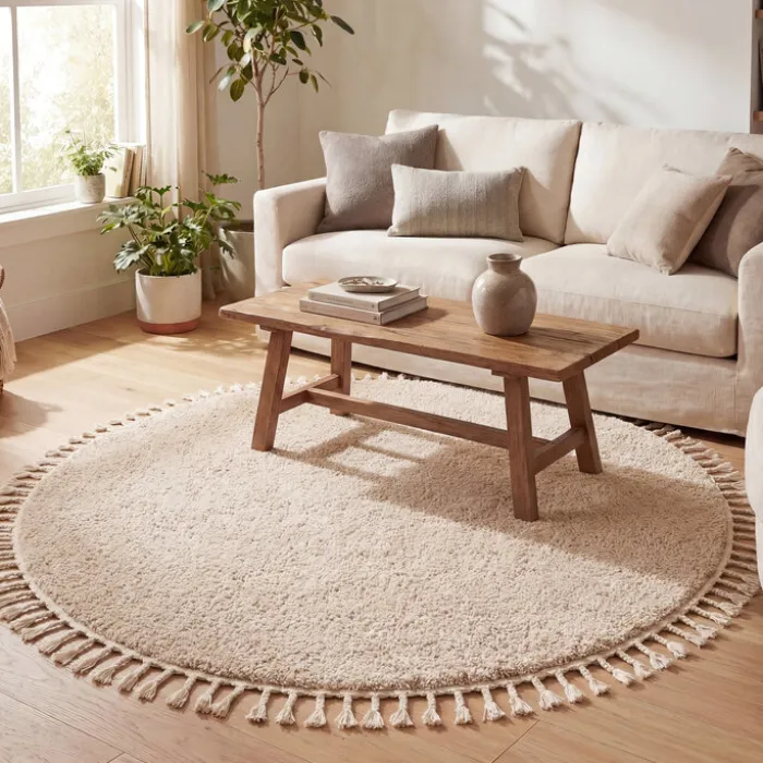 Teppich Hochflor Rund - Lofty Fringe Beige