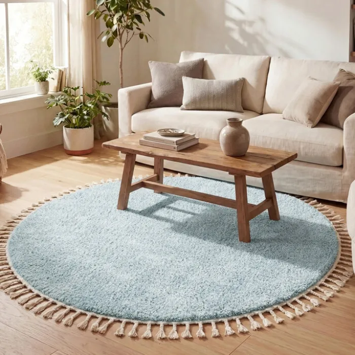 Teppich Hochflor Rund - Lofty Fringe Hellblau Türkis