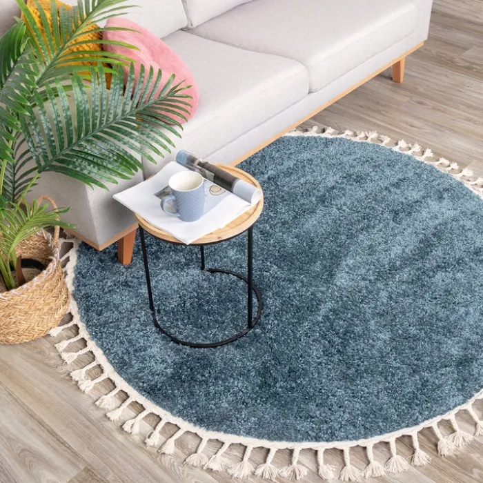Teppich Hochflor Rund - Lofty Fringe Blau