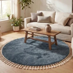 Teppich Hochflor Rund - Lofty Fringe Blau