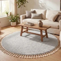 Teppich Hochflor Rund - Lofty Fringe Hellgrau