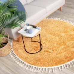 Teppich Hochflor Rund - Lofty Fringe Gelb