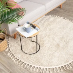 Teppich Hochflor Rund - Lofty Fringe Creme Weiß