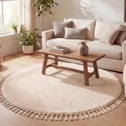Teppich Hochflor Rund - Lofty Fringe Creme Weiß