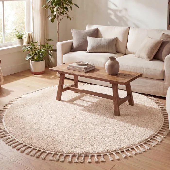 Teppich Hochflor Rund - Lofty Fringe Creme Weiß