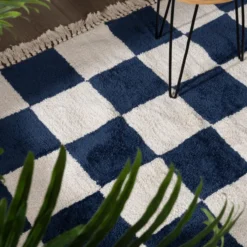 Teppich kariert - Blox Fringe blau weiß
