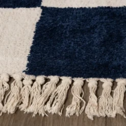 Teppich kariert - Blox Fringe blau weiß