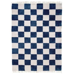 Teppich kariert - Blox Fringe blau weiß