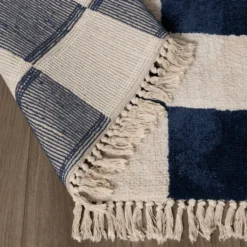 Teppich kariert - Blox Fringe blau weiß