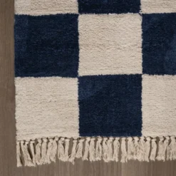 Teppich kariert - Blox Fringe blau weiß