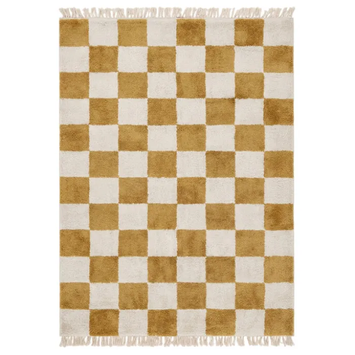 Teppich kariert - Blox Fringe ockergelb weiß