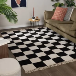 Teppich kariert - Blox Fringe schwarz weiß