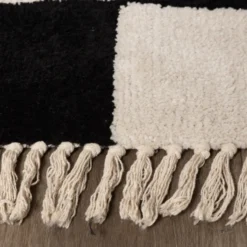 Teppich kariert - Blox Fringe schwarz weiß