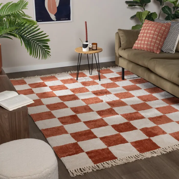 Teppich kariert - Blox Fringe terracotta weiß