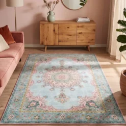 Teppich Vintage - Lily Medaillon Hellblau Türkis